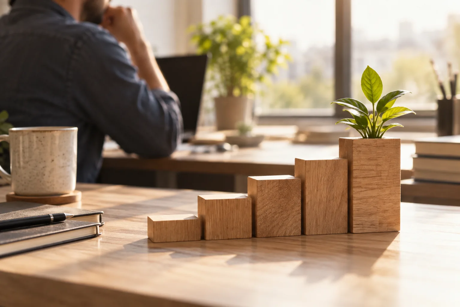 Editorial photograph of a row of wooden blocks stacked in ascending steps on a bright desk, a small green plant at the tallest step, soft window light, warm neutral tones