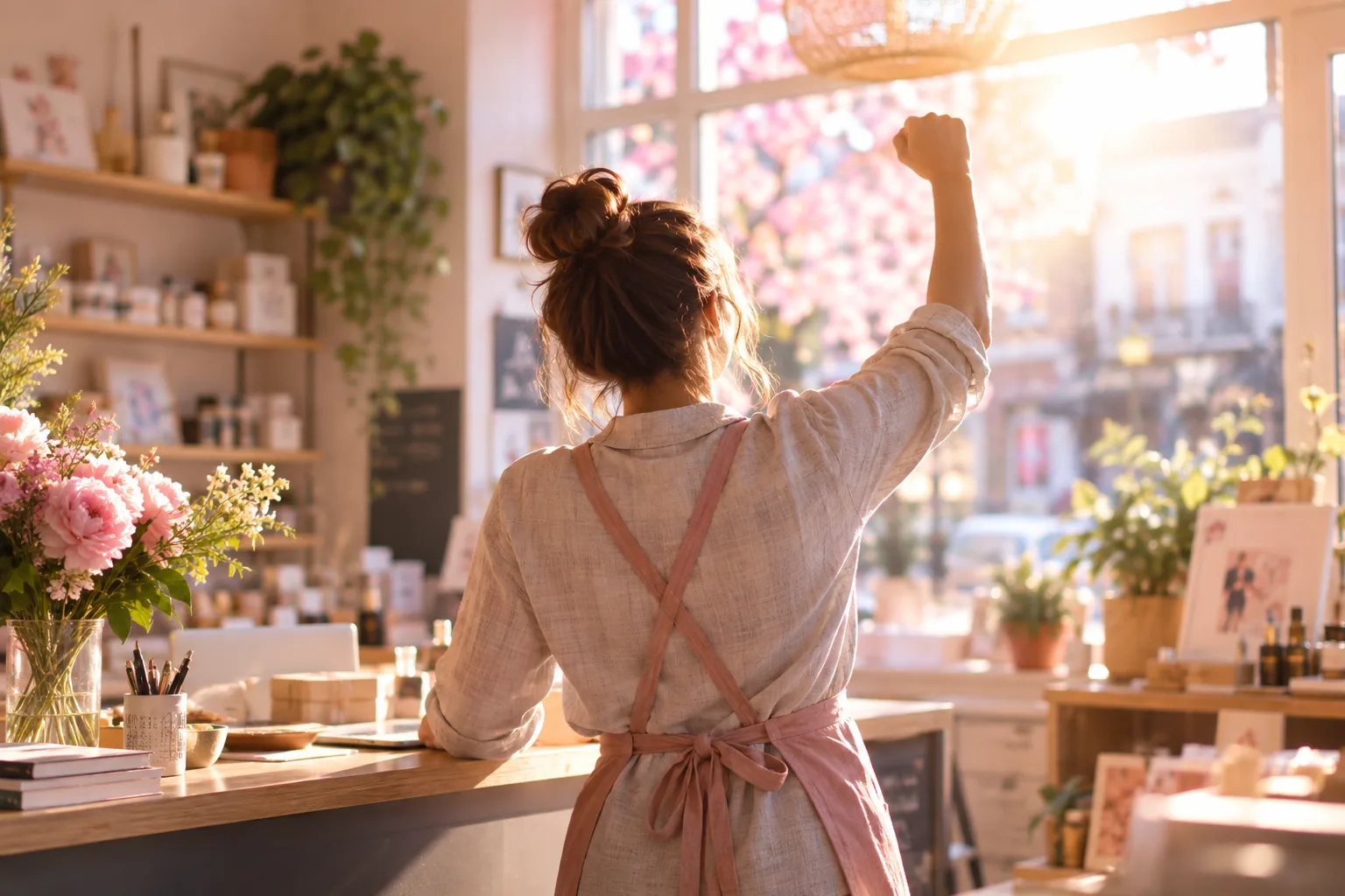Bright editorial photograph of a small-business owner seen from behind at a sunlit shop counter, one arm raised in a small celebration towards a window full of morning light, warm peach and pink tones, shallow depth of field, joyful and calm