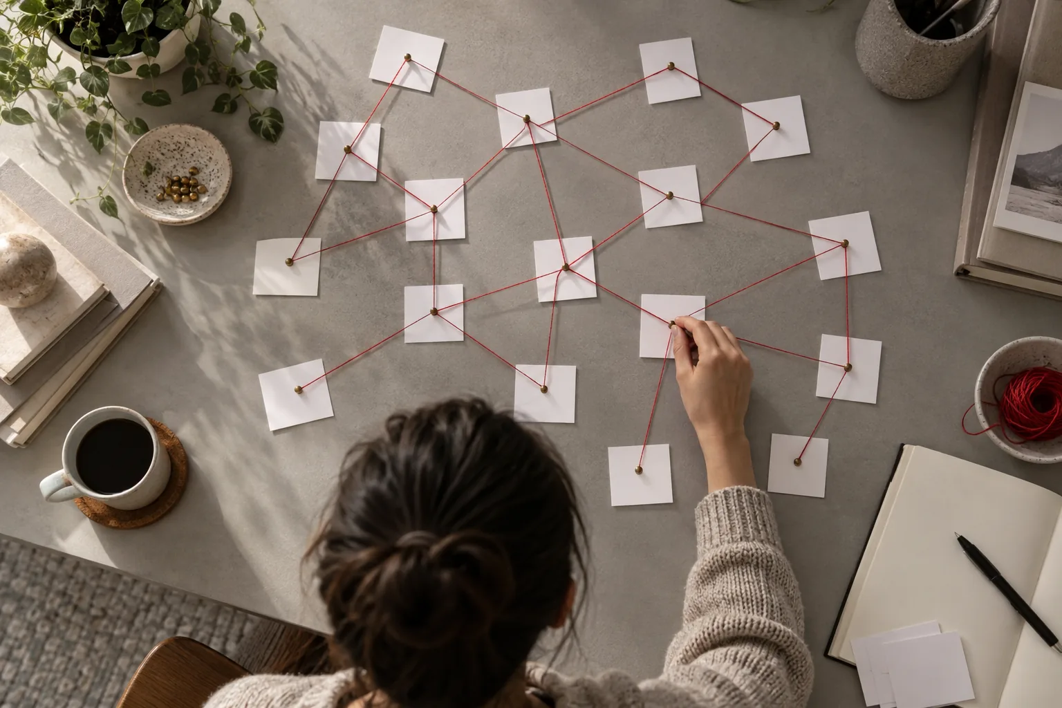 Overhead editorial photograph of a network of small white cards laid on a warm grey desk, joined by thin red thread into a web, soft daylight, minimal, no writing