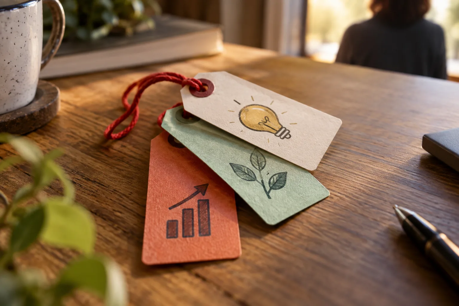 Close-up photograph of three colourful paper tags on a wooden desk tied together with red string, shallow depth of field, warm light, minimal styling
