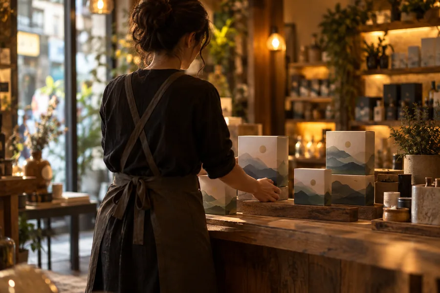 Video still of a shop owner from behind arranging products on a wooden counter, warm amber light, cinematic shallow focus
