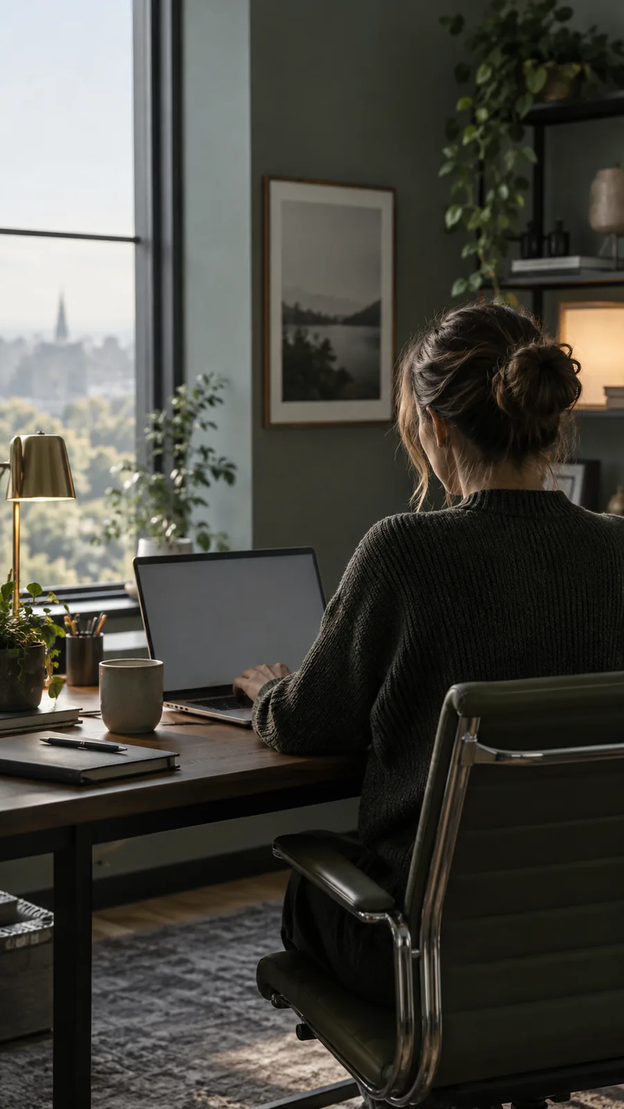 Vertical video still of a consultant seen from behind at a laptop in a calm grey-green office, soft window light, cinematic