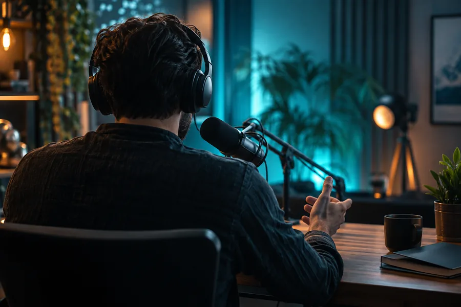 Video still of a podcast host seen from behind at a desk with a microphone and headphones, teal-blue studio light, soft bokeh, cinematic