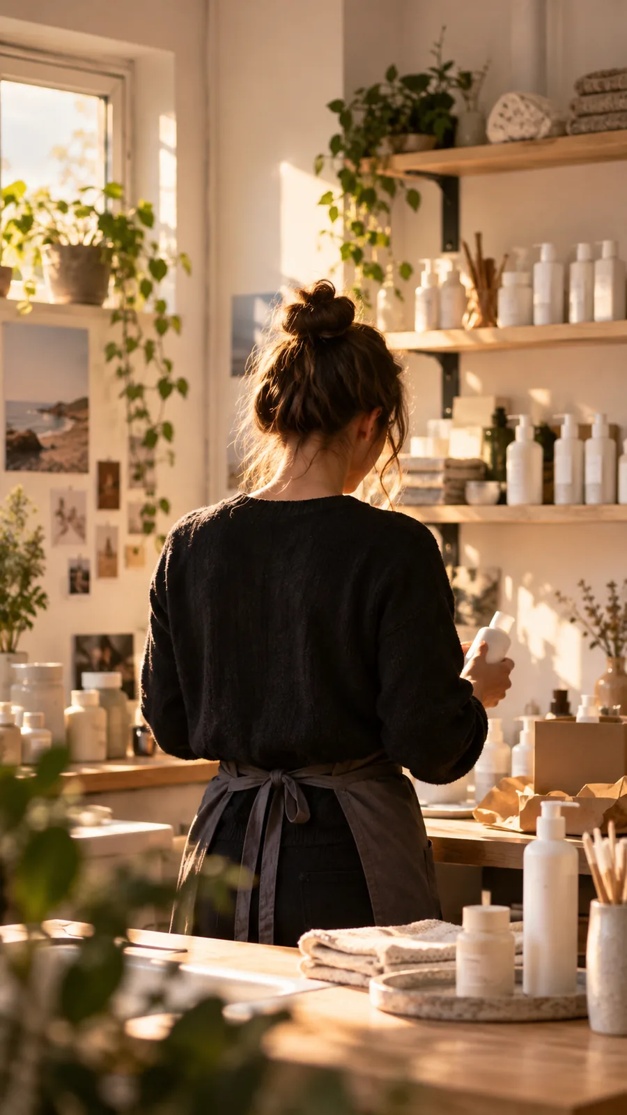 Vertical video still of a founder photographed from behind in a small bright bathroom-products studio, shelves of minimal white bottles, warm peach daylight, cinematic shallow focus